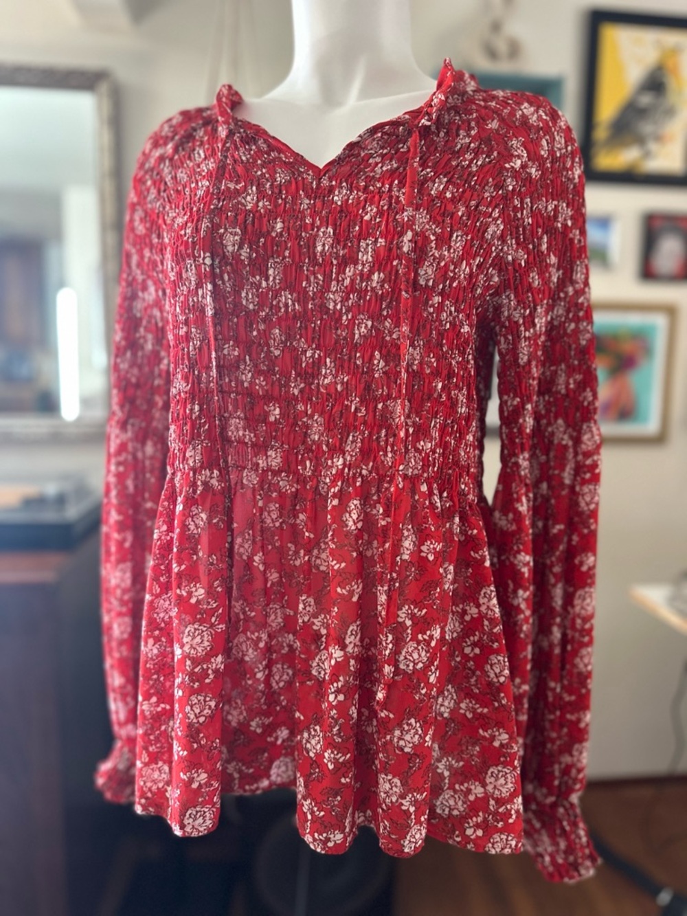 Red Floral Smocked Sheer Peasant Blouse
